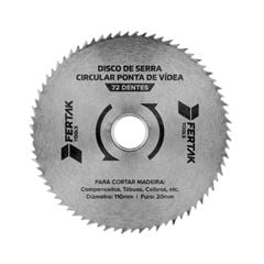 DISCO PARA SERRA CIRCULAR DE VÍDEA - 20MM X 110MM X 72 DENTES